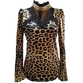  3XL Sexy Hollow Out Dantelă Mozaic Leopard Satin T-shirt Femei de Moda Pietre pretioase Satin Topuri ștrasuri din Mărgele Leopard Topuri