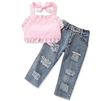 babzapleume 2Piece 1-6 ani Vară Fată Copilul Haine de Moda Carouri Roz Dantela tricou+Blugi Gaura de Îmbrăcăminte pentru Copii Seturi BC2044-1