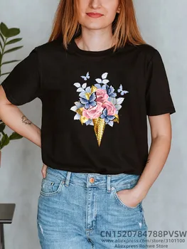 Femeile inghetata de Flori Amuzant Print T-shirt Fata 2022 Vara O de Gât Y2K Top Tee de sex Feminin Harajuku Negru Hip Hop Streewear Îmbrăcăminte