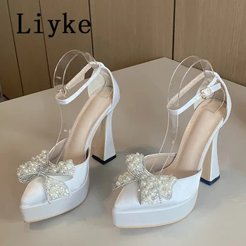 Liyke Ins Stil Pearl Fluture Nod Femei Sandale Cu Toc Sexy Fund Gros A Subliniat Toe Pompe De Platforma Banchet De Nuntă Pantofi