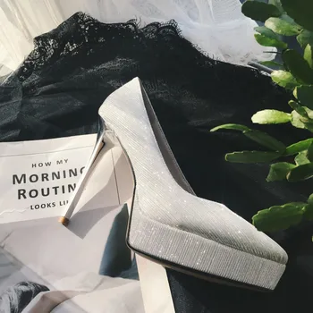 Primăvară Fierbinte de Vânzare de Moda Femeie Alunecare pe Pantofi Superficială a Subliniat Toe BlingBling Pompe de sex Feminin Subțire Toc Platforma Pantofi de Nunta