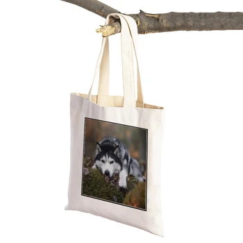 Siberian Husky Dog Canvas Shopper Saci Geantă de mână Reutilizabile cu Animale de Companie Double Print Casual Tote Femeile Geanta de Cumparaturi pentru Supermarket