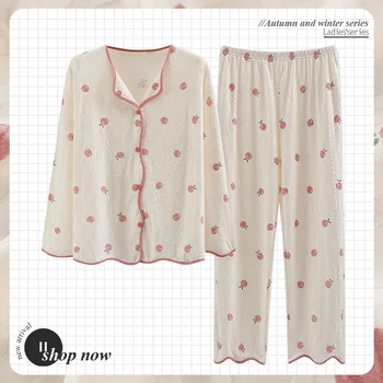 Tipărite Dulce Moda Coreeană Homewear Bumbac Pijama Set Pentru Femei Full Lungime Pantaloni Somn Top Sleepwear Toamna Pijamas Pijamale